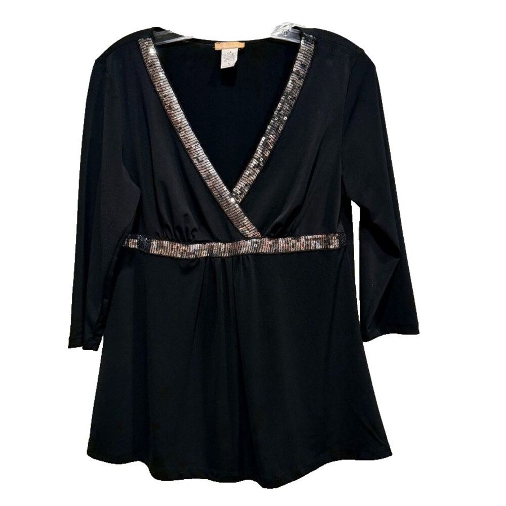 Vintage Forever Medium Womens 3/4 Sleeve Blouse‎ Sequin Trim 90's Y2K Faux Wrap